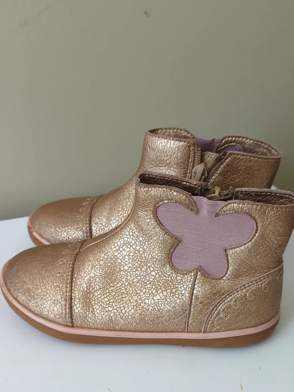 Livie & Luca Metallic Rose Gold Boots with Pink Butterfly